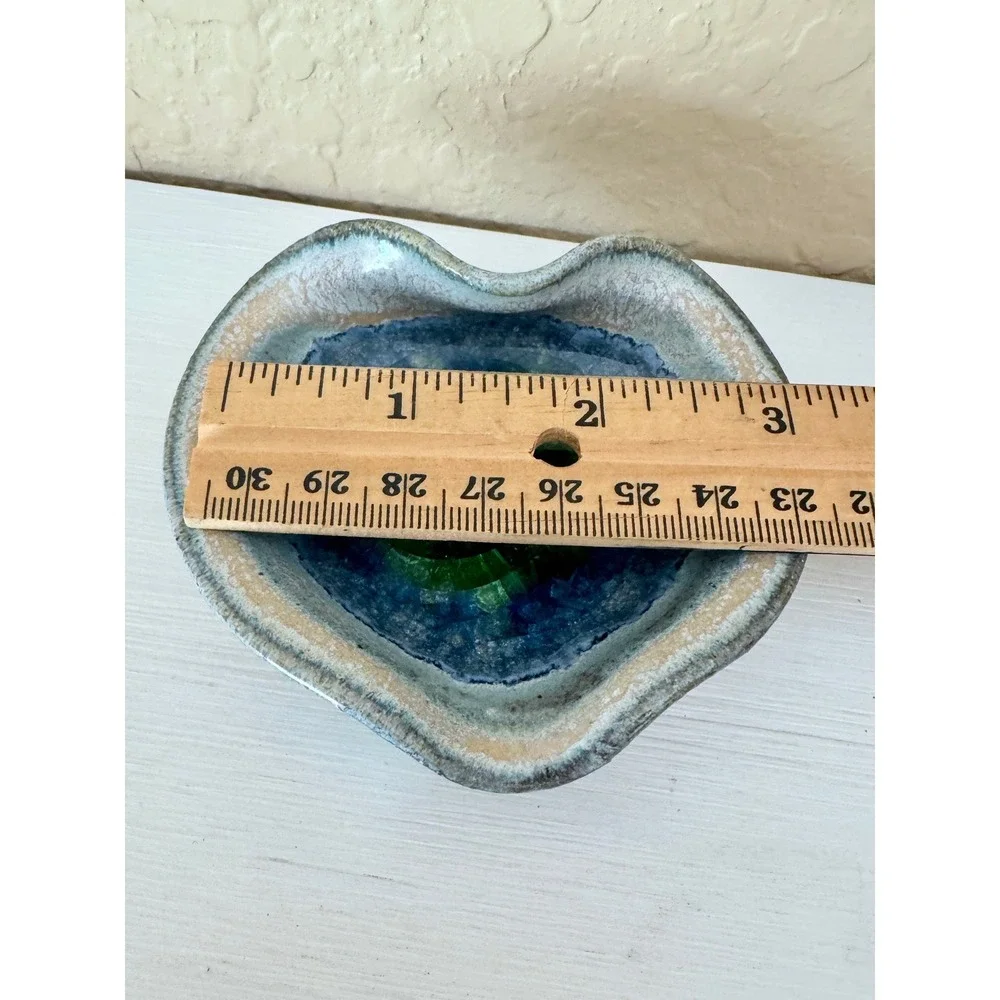 Handmade Studio Pottery Heart Dish Green Crystal Glaze Geode Ring Dish Trinket 3
